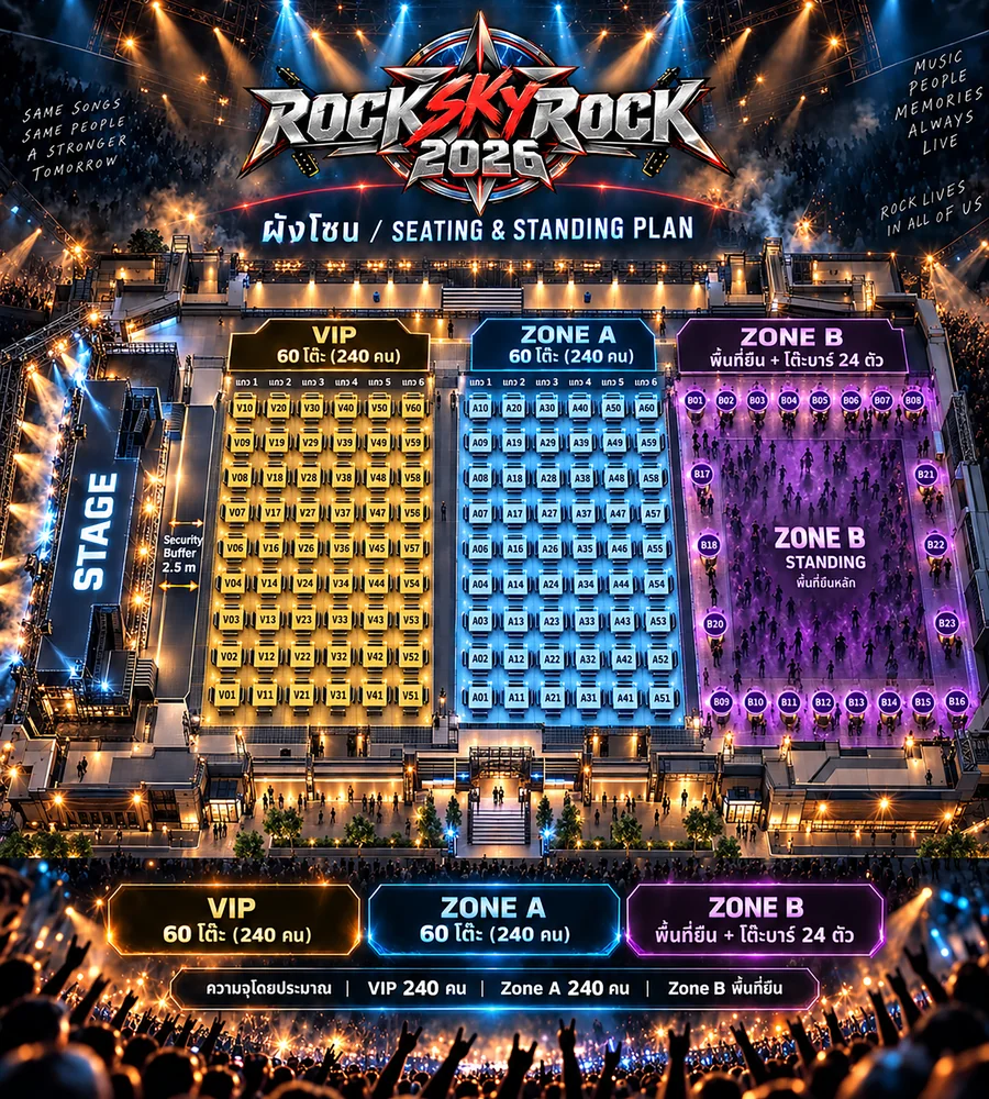 ผังงานล่าสุด ROCK SKY ROCK 2026: เวทีด้านซ้าย VIP Zone A และ Zone B